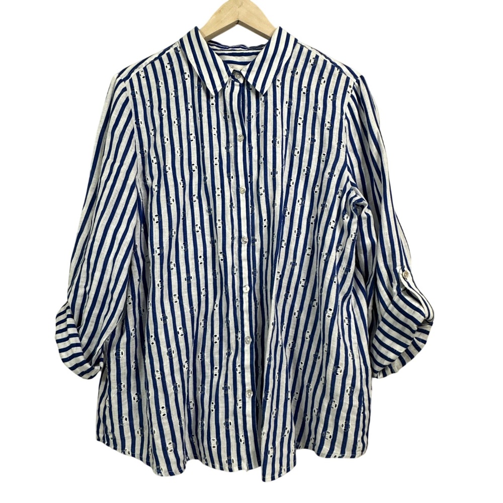 Chico's Linen Fun Stripe Blue White Shirt Size 2 US L Cotton Linen shirt